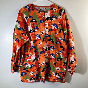 Womens White Swan Scrub Coat Bats Castles Orange Black Halloween L Cotton